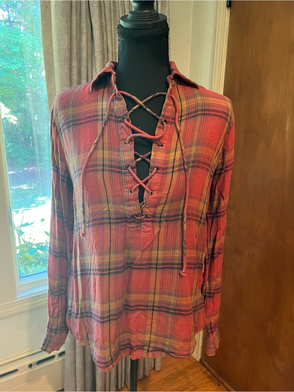 Sky and Sparrow Lace-Up Plaid Button-Down Shirt - Rust Multi